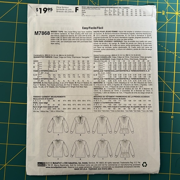 McCall Sewing Pattern - Top M7868 - Picture 2 of 9